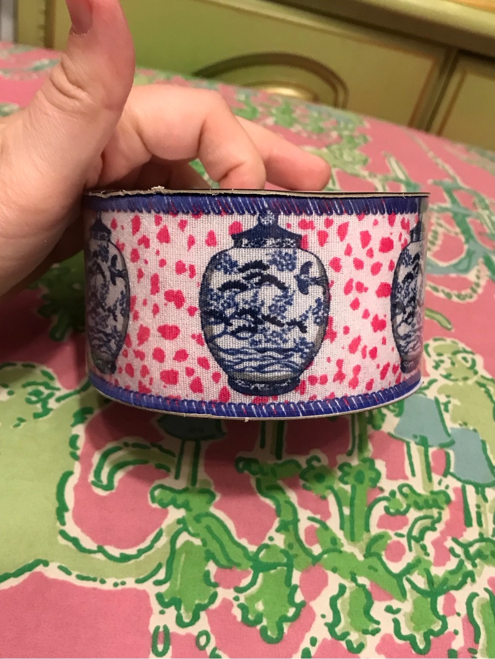 The Ribbon Boutique blue and pink ginger jar chinoiserie ribbon 2” x 3 yards
